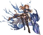  1girl armor armored_boots asymmetrical_bangs bangs beatrix_(granblue_fantasy) belt bikini_armor black_boots black_shorts boots breasts brown_eyes brown_hair cleavage closed_mouth darkness full_body gauntlets granblue_fantasy hair_ornament holding holding_sword holding_weapon large_breasts leaning_forward long_hair minaba_hideo navel official_art ponytail red_legwear short_shorts shorts simple_background smile solo sword thigh-highs thigh_boots transparent_background turtleneck weapon zettai_ryouiki 