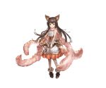  1girl animal_ears aster_(granblue_fantasy) bangs bare_arms bow bow_(weapon) brown_eyes brown_shoes buttons closed_mouth crossbow dress erun_(granblue_fantasy) feather_boa flat_chest frown full_body fur_trim granblue_fantasy hair_ornament holding holding_weapon long_hair looking_at_viewer minaba_hideo official_art pouch red_bow shoes simple_background solo standing transparent_background v_arms weapon white_dress 