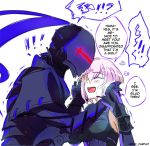  1boy 1girl :d armor armored_dress bare_shoulders berserker_(fate/zero) black_armor breasts closed_eyes elbow_gloves english eyebrows eyebrows_visible_through_hair fate/grand_order fate/zero fate_(series) full_armor gloves hair_over_one_eye hands_on_another&#039;s_face hands_on_another&#039;s_wrists happy looking_at_another open_mouth purple_hair pvc_parfait shielder_(fate/grand_order) short_hair smile speech_bubble surprised twitter_username upper_body 
