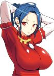  1girl adjusting_hair arms_behind_head arms_up blue_hair blush breasts diisuke erect_nipples juliet_sleeves large_breasts long_sleeves looking_at_viewer mirror mouth_hold puffy_sleeves red_eyes red_shirt rope shirt solo string touhou upper_body white_background yasaka_kanako 