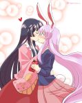  2girls animal_ears artist_name black_hair blazer blush bunny_tail closed_eyes commentary_request dress food hand_on_another&#039;s_back hand_on_another&#039;s_shoulder heart highres hime_cut holding_box houraisan_kaguya hug jacket lavender_hair long_hair mana_(gooney) multiple_girls pink_skirt pleated_skirt pocky purple_hair rabbit_ears red_eyes reisen_udongein_inaba skirt sweatdrop tagme tail touhou twitter_username very_long_hair wide_sleeves yuri 
