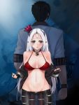  1boy 1girl back-to-back bikini_top blush breasts closers collar groin height_difference horn jacket large_breasts levia_(closers) long_hair looking_at_viewer lowleg navel ofuda open_clothes open_jacket pointy_ears shaojiang silver_hair violet_eyes 