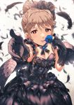  1girl black_gloves black_wings blue_rose breasts brown_eyes brown_hair cleavage feathered_wings feathers flower gloves highres idolmaster idolmaster_million_live! long_hair looking_at_viewer microphone narumi_arata open_mouth rose smile solo tenkuubashi_tomoka wings 