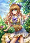  1girl ahoge brown_hair butterfly butterfly_on_head character_request collarbone detached_sleeves dress eyebrows eyebrows_visible_through_hair frilled_dress frills green_eyes highres kantai_collection long_hair mafuyu_(867208837) open_mouth outdoors solo 