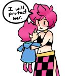  2girls blush choker crop_top crossover eyelashes hood hoodie jojo_no_kimyou_na_bouken kumatora midriff mother_(game) mother_3 multiple_girls navel nintendo pink_hair short_hair text trish_una vento_aureo 