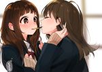  2girls bangs blazer bow bowtie brown_eyes brown_hair clenched_hands closed_eyes commentary_request food hair_tucking hand_on_another&#039;s_shoulder homua jacket long_hair long_sleeves looking_at_another multiple_girls open_mouth original pocky pocky_day pocky_kiss red_bow red_bowtie school_uniform shared_food upper_body wavy_mouth yuri 