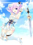  1girl absurdres armpits blue_eyes choujigen_game_neptune hair_ornament highres neptune_(choujigen_game_neptune) neptune_(series) one_eye_closed open_mouth purple_hair ramu-on@_shinon short_hair sword weapon 