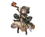  1girl :&lt; bangs boots brown_boots closed_mouth dress eyebrows eyebrows_visible_through_hair frilled_dress frills full_body granblue_fantasy grey_hair holding holding_staff hood long_sleeves looking_at_viewer minaba_hideo minigob_(granblue_fantasy) official_art orange_eyes pigeon-toed pointy_ears short_hair simple_background solo staff standing transparent_background white_dress wide_sleeves 
