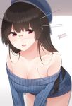  10s 1girl 2016 :d absurdres bangs bare_shoulders bent_over beret black_hair blue_hat blue_sweater blush breasts brown_hair casual choukai_(kantai_collection) cleavage collarbone cowboy_shot dated eyebrows eyebrows_visible_through_hair glasses hat highres kantai_collection long_hair long_sleeves looking_at_viewer medium_breasts off-shoulder_sweater open_mouth red_eyes ribbed_sweater rimless_glasses shade smile solo sweater twitter_username white_background yukichi_(sukiyaki39) 
