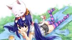  1girl artist_name ass blue_hair brown_eyes cat charle_(fairy_tail) chin_rest fairy_tail feet hair_ornament highres long_hair looking_at_viewer lying mashima_hiro no_shoes official_art on_stomach shorts smile striped_legwear twintails wallpaper wendy_marvell 