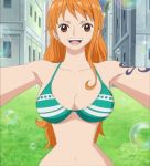  1girl breasts brown_eyes bubbles earrings jewelry large_breasts midriff nami_(one_piece) one_piece orange_hair screencap slender_waist stitched tattoo 