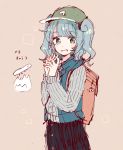  1girl :d alternate_costume backpack bag bangs black_skirt blue_eyes blue_hair blunt_bangs blush blush_stickers buttons casual charm_(object) eyebrows eyebrows_visible_through_hair grin hair_bobbles hair_ornament hat jacket kawashiro_nitori long_sleeves looking_at_viewer mozukuzu_(manukedori) open_mouth short_hair simple_background sketch skirt smile solo teeth touhou two_side_up upper_body 