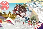  1girl architecture branch brown_hair commentary east_asian_architecture floral_print gohei hair_ornament ise_(kantai_collection) japanese_clothes kantai_collection kousetsu_(nonosuke) long_sleeves miko onbashira ponytail red_eyes shide solo temple translation_request waves wide_sleeves 