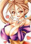  1girl bare_shoulders breasts brown_eyes brown_hair cleavage dragon_quest dragon_quest_viii earrings female jessica_albert jewelry large_breasts long_hair no_bra solo twintails yutakasan-love 