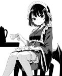  1girl alternate_costume alternate_headwear bird_wings commentary_request cup enmaided feathered_wings greyscale knees_together_feet_apart looking_at_viewer maid maid_headdress monochrome pointy_ears pyonsuke_(pyon2_mfg) shameimaru_aya short_hair sitting smile teacup thigh-highs touhou wings 