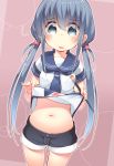  1girl blue_hair character_request low_twintails navel paint school_uniform serafuku shorts stomach twintails 