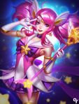  1girl ahoge alternate_costume alternate_hair_color alternate_hairstyle bow bowtie breasts choker gloves league_of_legends liang_xing looking_at_viewer luxanna_crownguard magical_girl open_mouth pink_hair pleated_skirt skirt smile solo sparkle star star_guardian_lux tiara twintails v violet_eyes wand white_gloves 