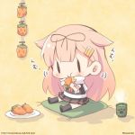  1girl :t black_ribbon black_serafuku black_skirt blonde_hair chibi cushion eating food fruit full_body green_tea hair_flaps hair_ornament hair_ribbon hairclip holding holding_food kantai_collection long_hair lowres miniskirt momoniku_(taretare-13) motion_blur neckerchief paw_print persimmon plate remodel_(kantai_collection) ribbon scarf school_uniform serafuku shadow sitting skirt solo steam tea twitter_username watermark web_address white_scarf yellow_background yunomi yuudachi_(kantai_collection) 