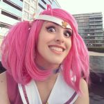  city cosplay feli_dragoon hair_ornament league_of_legends looking_at_viewer luxanna_crownguard open_mouth outdoor photo pink_hair star teeth twintails wig 