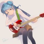  1girl artist_name blue_eyes blue_hair brown_skirt dated double_bun electric_guitar eyebrows eyebrows_visible_through_hair grey_background guitar hat highres hirotaka_(bitmap1022) instrument kantai_collection long_hair long_sleeves looking_at_viewer pantyhose ribbed_sweater shadow simple_background sitting skirt smile solo sweater urakaze_(kantai_collection) white_sweater 