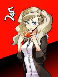  1girl bangs black_background blonde_hair blue_eyes breasts cup hair_ornament hair_over_shoulder hairclip holding holding_cup hood hood_down hoodie long_hair looking_at_viewer mug parted_bangs parted_lips persona persona_5 red_background school_emblem smile solo takamaki_ann tamago_(yotsumi_works) translation_request twintails upper_body 