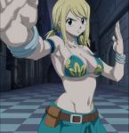  1girl bare_shoulders belt bikini_top blonde_hair breasts fairy_tail lucy_heartfilia navel screencap solo stitched 