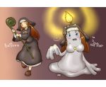  !? blue_eyes blush breasts brown_hair candle fire izumiyou looking_at_viewer nun staff transformation 