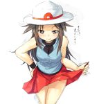  1girl artist_request blue_(pokemon) blush brown_eyes brown_hair female hat long_hair looking_at_viewer naughty_face nintendo pokemon simple_background skirt smile solo source_request translation_request 