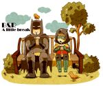  2boys batman batman_(series) bench bird brothers cape cup damian_wayne dc_comics dick_grayson hood male_focus multiple_boys park robin_(dc) siblings smile straw 