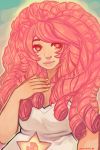  1girl cartoon_network curly_hair gem hand_on_own_chest looking_at_viewer pink_hair rose_quartz_universe sannanai smile solo star-shaped_pupils steven_universe upper_body 