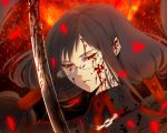  1girl black_hair blood blood-c glasses kisaragi_saya red_eyes shrimp_platter solo weapon 