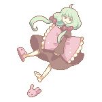  1girl ahoge barefoot feet female green_hair pillow pixel_art simple_background slippers soles solo toes transparent_background uruchimai 