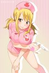  1girl blonde_hair blush breasts brown_eyes fairy_tail gaston18 long_hair looking_at_viewer lucy_heartfilia nurse smile solo syringe tagme tattoo 