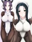  2girls android bastard_(entasis) black_hair bodysuit breasts green_eyes hair_ribbon horns kazuno_(horizon) kyoukaisenjou_no_horizon large_breasts long_hair looking_at_viewer multiple_girls musashi_(horizon) purple_hair ribbon violet_eyes 