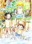  3boys black_hair blonde_hair brothers crab fish fishing freckles hand_on_hip hat male_focus monkey_d_luffy multiple_boys one_piece portgas_d_ace river sabo_(one_piece) siblings spear_fishing straw_hat top_hat topless trio water younger 
