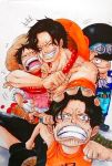  3boys 4boys brothers freckles hat hug male_focus monkey_d_luffy multiple_boys multiple_persona one_piece portgas_d_ace sabo_(one_piece) scar siblings smile younger 