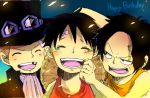  3boys bandage birthday black_hair blonde_hair brothers cravat family freckles goggles goggles_on_hat hat male_focus missing_tooth monkey_d_luffy multiple_boys one_piece open_mouth portgas_d_ace sabo_(one_piece) siblings stampede_string straw_hat tank_top top_hat trio younger 