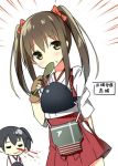  2girls akagi_(kantai_collection) alternate_hairstyle black_hair blood brown_eyes closed_eyes closed_mouth female_pervert food food_on_face hair_ribbon japanese_clothes kaga_(kantai_collection) kantai_collection long_hair multiple_girls muneate nosebleed pervert red_ribbon ribbon rice rice_on_face short_hair short_sleeves side_ponytail sky_(freedom) twintails 