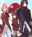  1boy 2girls artist_request cloak family forehead_protector glasses hair_ornament hairclip haruno_sakura midriff multiple_girls naruto navel pink_hair short_hair uchiha_sarada uchiha_sasuke 