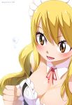  1girl blonde_hair blush breasts brown_eyes cleavage fairy_tail gaston18 long_hair lucy_heartfilia maid maid_headdress open_mouth smile solo tagme 