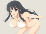  1girl bare_shoulders bent_over bikini black_hair blue_eyes blush breasts cleavage female hinnosuke ikaruga_(senran_kagura) large_breasts leaning_forward long_hair open_mouth senran_kagura senran_kagura_(series) simple_background solo swimsuit 