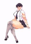  1girl breasts brown_eyes curvy earrings female full_body hat high_heels jewelry large_breasts lip_piercing lips long_hair looking_at_viewer mimimoon muscle necktie piercing pink_hair sitting skirt solo thick_thighs 