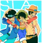  3boys belt black_hair blonde_hair brothers cowboy_hat cravat goggles goggles_on_hat hat jewelry male_focus monkey_d_luffy multiple_boys necklace one_piece portgas_d_ace red_shirt sabo_(one_piece) sash scar shirt shorts siblings smile stampede_string straw_hat top_hat topless trio 