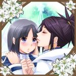  2girls :o black_hair blush closed_eyes earrings female flower folded_ponytail hand_on_another&#039;s_face hand_on_another&#039;s_shoulder hands_together hong_(terra_formars) hoop_earrings incipient_kiss jacket jewelry kiraki lips lipstick looking_at_another makeup multiple_girls open_mouth parted_lips short_hair shy smile sparkle star terra_formars uniform veil violet_eyes xi_chun-li yuri 