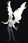  1boy angel_wings bigbang black_background black_shoes blonde_hair daesung dress_shirt feathered_wings full_body hair_over_one_eye harness k-pop long_sleeves male_focus shirt shoes short_hair simple_background solo standing white_shirt wings 