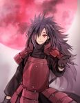  1boy armor black_gloves black_hair boring_(brtgm) gloves hair_over_one_eye looking_at_viewer moon naruto naruto_shippuuden night night_sky red_eyes sharingan sky smile solo spiky_hair uchiha_madara 