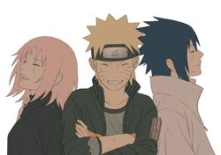  1girl 2boys artist_request black_hair blonde_hair closed_eyes crossed_arms dirty facial_mark fishnets forehead_mark haruno_sakura jacket laughing multiple_boys naruto naruto_shippuuden open_clothes open_jacket pink_hair smile spiky_hair uchiha_sasuke uzumaki_naruto whiskers zipper 