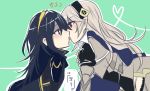  2girls armor blue_eyes blue_hair blush breasts fire_emblem fire_emblem:_kakusei fire_emblem_if kiss long_hair lucina multiple_girls my_unit_(fire_emblem_if) nintendo red_eyes white_hair yuri 