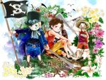  3boys bird blonde_hair blue_eyes brothers brown_eyes cravat flag freckles hat male_focus missing_tooth monkey_d_luffy multiple_boys one_piece portgas_d_ace sabo_(one_piece) scar shorts siblings straw_hat tank_top top_hat torn_clothes trio younger 