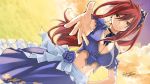  1girl artist_name breasts brown_eyes cleavage cleavage_cutout dress earrings erza_scarlet fairy_tail female frills hand_on_hip highres jewelry large_breasts long_hair looking_at_viewer mashima_hiro navel outstretched_arm redhead solo wallpaper 